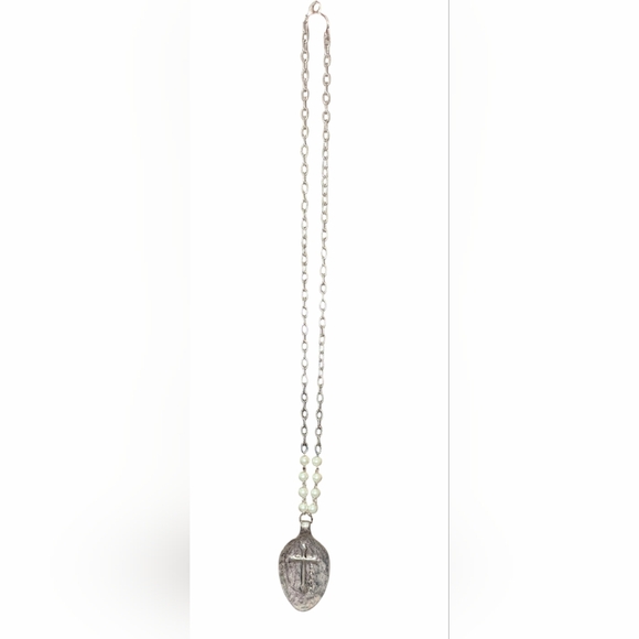 Empire Silver Spoon/Faux White Pearl "Faith" & Cross Opera Chain Clasp Necklace - Picture 2 of 9